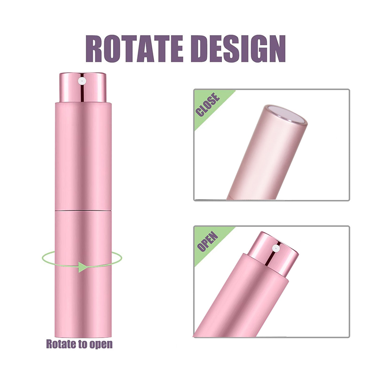 The image depicts a pink cylindrical container with a rotate-to-open design. Text reads, "ROTATE DESIGN," and smaller images demonstrate the open and closed positions. An arrow indicates the twist motion needed to open the container, perfect for storing items made with a CrealityFalcon 10pcs Portable 8ml Atomizer Perfume Spray Bottle for Laser Engraving.