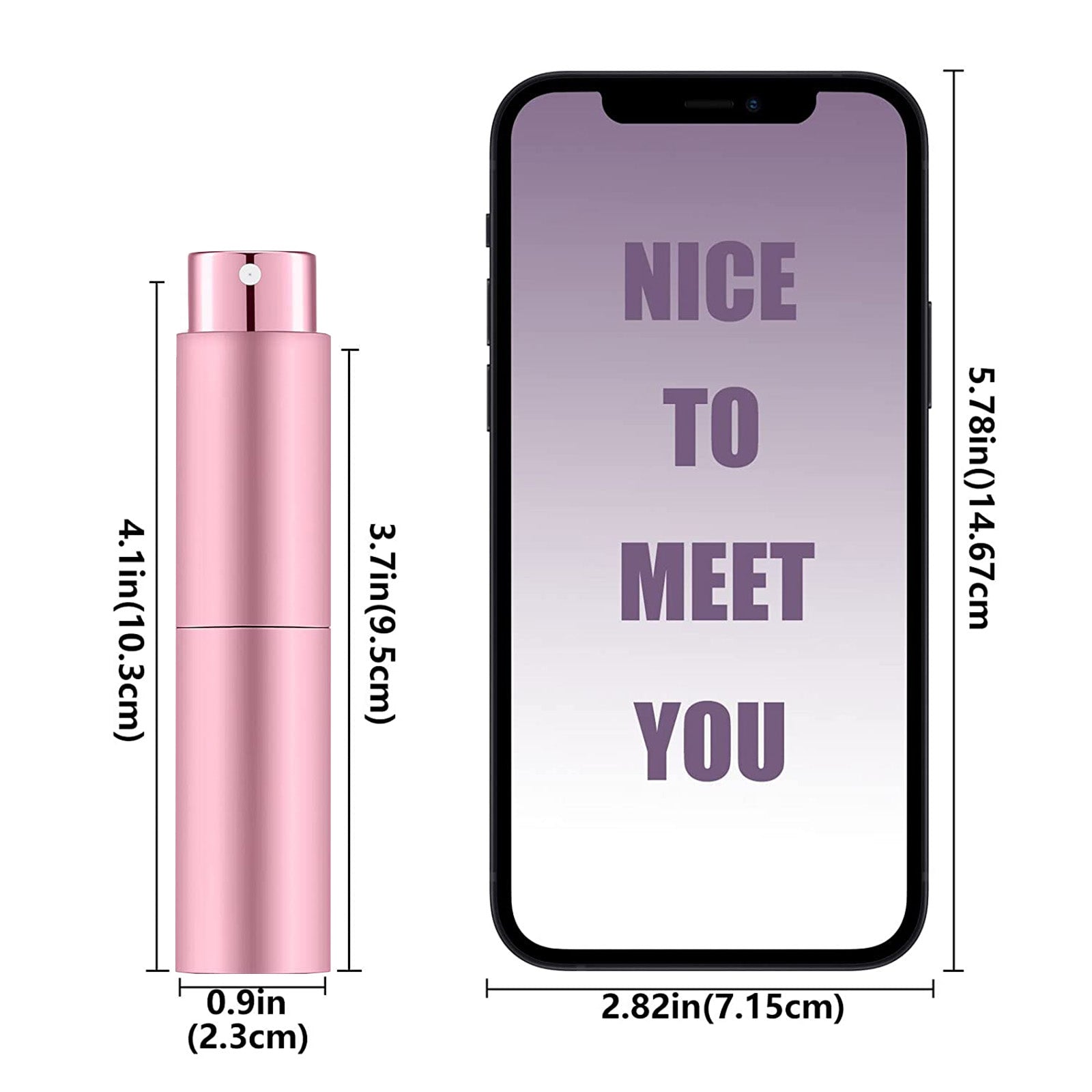 An image shows a pink, cylindrical **10pcs Portable 8ml Atomizer Perfume Spray Bottle for Laser Engraving** with dimensions 4.1 inches by 0.9 inches (10.3 cm by 2.3 cm) next to a smartphone displaying the text "NICE TO MEET YOU." The scene captures the elegance of personal accessories and high-tech crafts, reminiscent of precision laser work from **CrealityFalcon**.