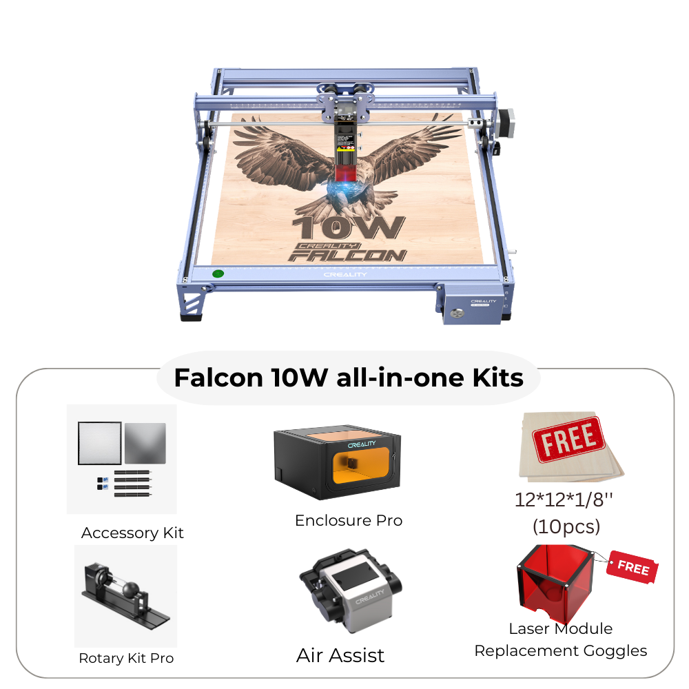 An advertisement for the CrealityFalcon CR-Laser Falcon 10W Laser Engraver. The image showcases its high precision as it works on a wooden panel with an eagle design. Below, there are images of accessories: an accessory kit, rotary kit pro, enclosure pro, air assist, free 12*12*1/8"(10pcs), and laser module replacement goggles.