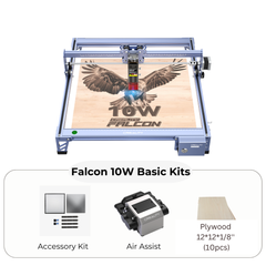 The image showcases a CrealityFalcon CR-Laser Falcon 10W Laser Engraver with high precision, featuring a detailed layout of an eagle and the word "FALCON" engraved onto a wooden surface. Below the machine, there are images of the accessory kit, air assist, and a set of 10 plywood pieces, each 12" x 12" x 1/8".