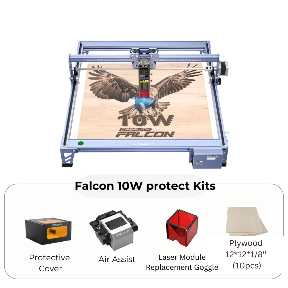 Image of a CrealityFalcon CR-Laser Falcon 10W Laser Engraver with a high precision 10W output carving an image of a falcon on plywood. Below, accessories include: protective cover, air assist, laser module replacement goggles, and a stack of 10 plywood sheets (12" x 12" x 1/8"). Text reads, "Falcon 10W Protect Kits.