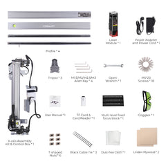 The image shows all components of the CrealityFalcon CR-Laser Falcon 10W Laser Engraver kit laid out, including 4 profiles, a high precision 10W laser module, power adapter with cord, tripod, various Allen keys, open wrench, screws, user manual, TF card with reader, multi-level focus block for the engraving area, goggles,Y-axis assembly kit with control box,square nuts,cable tie,dust-free cloth.