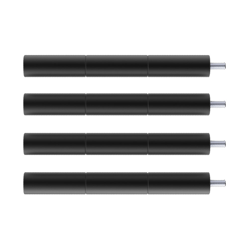 Four black cylindrical 10W & 5W CR-Laser Falcon Engraver Risers by CrealityFalcon are shown laid out horizontally on a white background, ideal for your furniture crafts. Each leg features segments and a threaded metal screw at one end for attachment, precision-made as if by a laser.