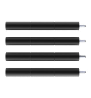 Four black cylindrical 10W & 5W CR-Laser Falcon Engraver Risers by CrealityFalcon are shown laid out horizontally on a white background, ideal for your furniture crafts. Each leg features segments and a threaded metal screw at one end for attachment, precision-made as if by a laser.