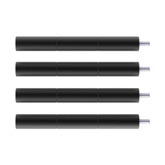 Four black cylindrical 10W & 5W CR-Laser Falcon Engraver Risers by CrealityFalcon are shown laid out horizontally on a white background, ideal for your furniture crafts. Each leg features segments and a threaded metal screw at one end for attachment, precision-made as if by a laser.