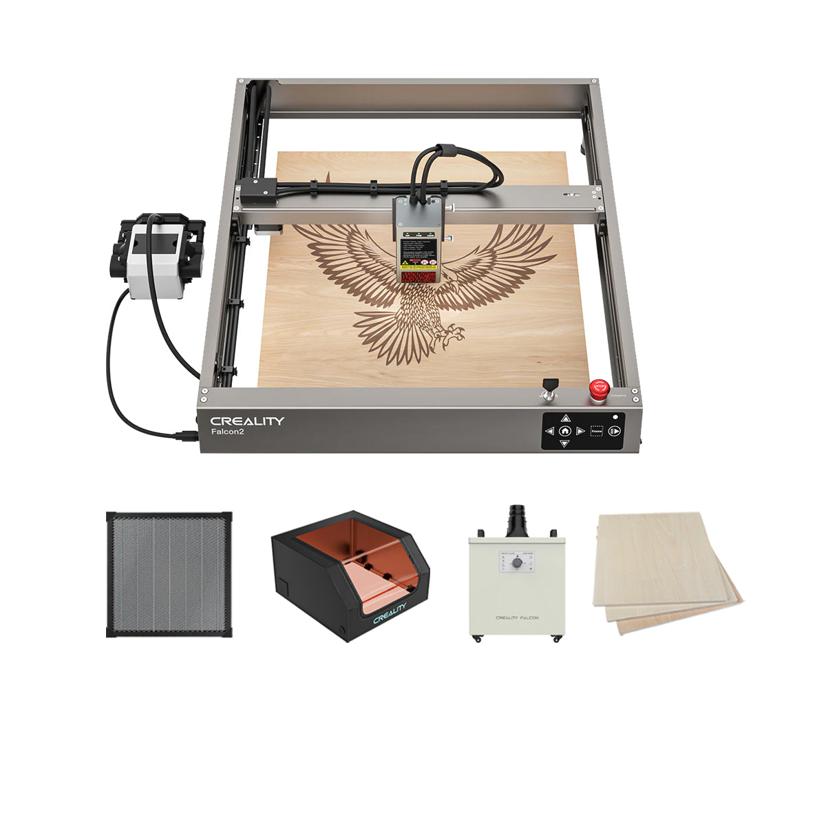 The Creality Falcon Falcon2 12W Laser Engraver and Cutter boasts an ultra-fast laser module that intricately engraves an eagle design on wood. It comes with a filter, an enclosure, and additional wood panels, all enhanced by integrated air assist for precision and efficiency.