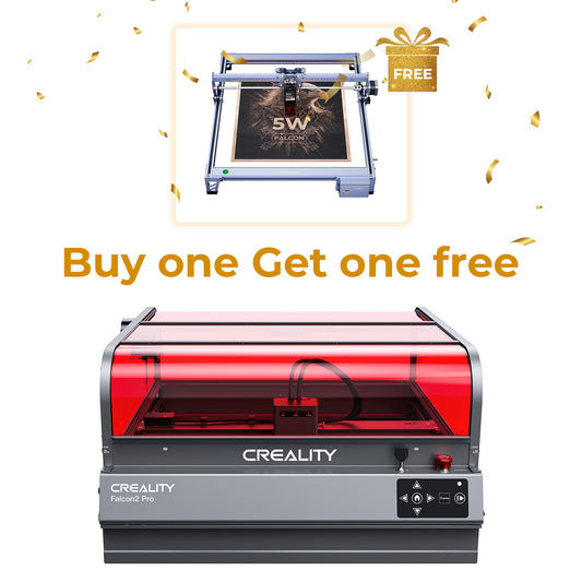 Promotional image features a "Buy one Get one free" offer for the Creality Falcon's Falcon2 Pro 60W Enclosed Laser Cutter and Engraver Gift Pack. Main image shows the powerful cutter in gray and red, with a smaller 5W Falcon engraver labeled "FREE," highlighting its intelligent adjustable beam. 1600
