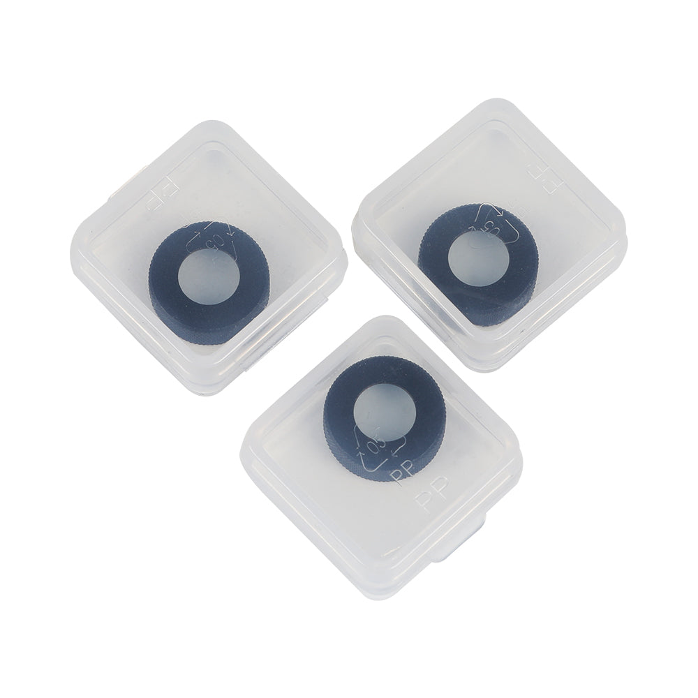 Three transparent plastic containers, each holding a dark blue, circular object with a central white spot. The containers are arranged in a triangular formation, with two at the top and one at the bottom. The setup showcases the precision capability of CR-Laser Falcon Replace Protective Lens by CrealityFalcon.