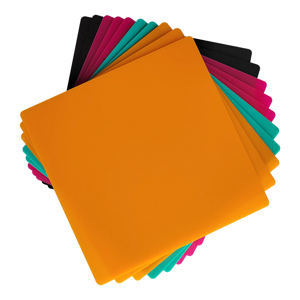 A stack of CrealityFalcon Falcon Frosted Colorful Acrylic Sheets for Laser Engraver and Cutter (10pcs) spread out in a spiral pattern, perfect for use with an engraver or laser cutter. The front sheet is orange, followed by others in pink, green, black, and teal. The vibrant colors create a visually striking fan-like arrangement ideal for creative projects.