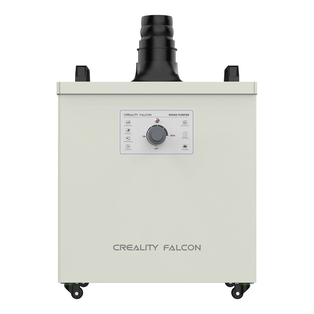 A white rectangular CrealityFalcon Creality Falcon Smoke Purifier with a black cylindrical exhaust on top. The front panel features various control buttons and a central knob, tailored for indoor working environments. Labeled "Creality Falcon" at the base, this unit is equipped with wheels for mobility, making it ideal for laser creation projects.