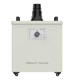 A white rectangular CrealityFalcon Creality Falcon Smoke Purifier with a black cylindrical exhaust on top. The front panel features various control buttons and a central knob, tailored for indoor working environments. Labeled 