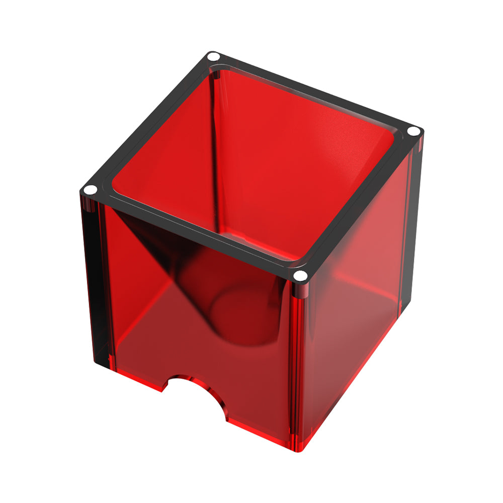 A transparent red plastic cube container with an open top and four small white dots at each corner of the top edge. The container, designed to accommodate CrealityFalcon CR-Laser Falcon Laser Module Replacement Goggles, features a semi-circular cutout at the bottom edge on one side.