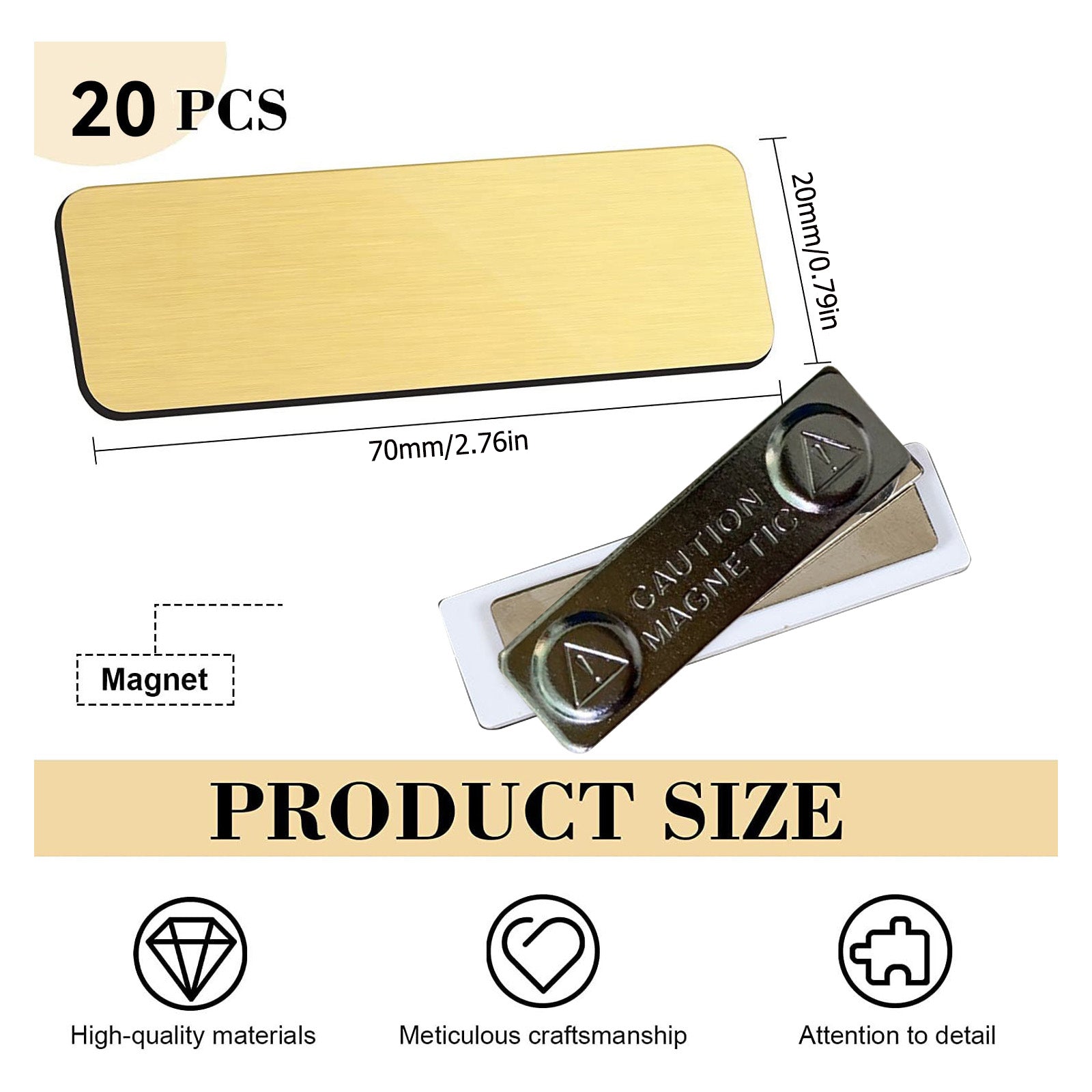 Image showing a CrealityFalcon 20 Packs 4 Colors Stainless Steel Blank Name Tags Badges Nameplate for Laser Engraving, featuring a golden rectangular nameplate and a magnetic back labeled "CAUTION MAGNETIC." Below is text indicating "20 PCS" and dimensions of 70mm x 20mm. Icons and text describe the product's high-quality materials, craftsmanship, and attention to detail.