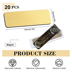 Image showing a CrealityFalcon 20 Packs 4 Colors Stainless Steel Blank Name Tags Badges Nameplate for Laser Engraving, featuring a golden rectangular nameplate and a magnetic back labeled "CAUTION MAGNETIC." Below is text indicating "20 PCS" and dimensions of 70mm x 20mm. Icons and text describe the product's high-quality materials, craftsmanship, and attention to detail.