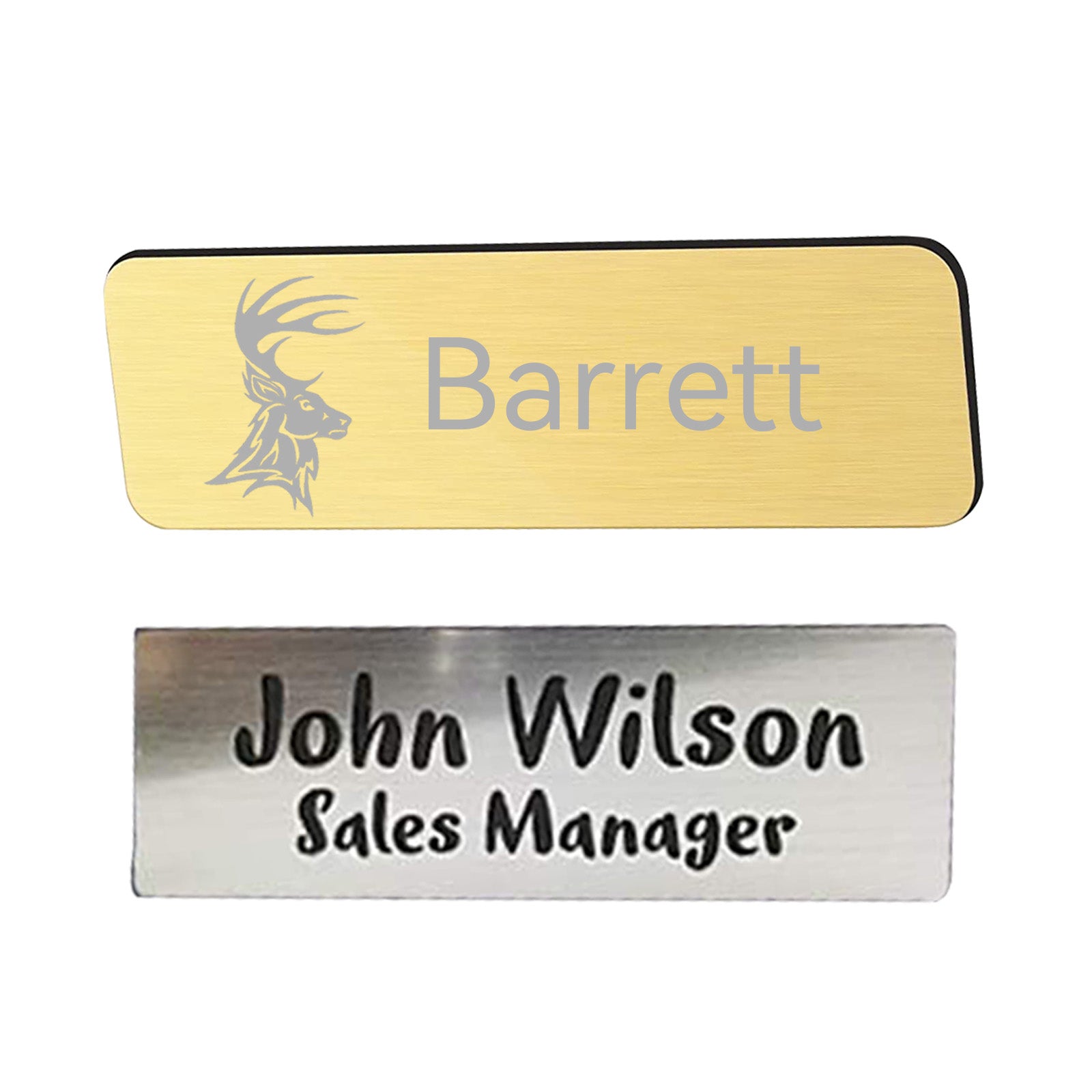 Two nameplates are shown. The top nameplate is gold with a silver deer head design next to the text "Barrett," showcasing the skills of an engraver. The bottom nameplate is silver with black text that reads "John Wilson, Sales Manager," exemplifying precision laser crafting of the CrealityFalcon 20 Packs 4 Colors Stainless Steel Blank Name Tags Badges Nameplate for Laser Engraving.