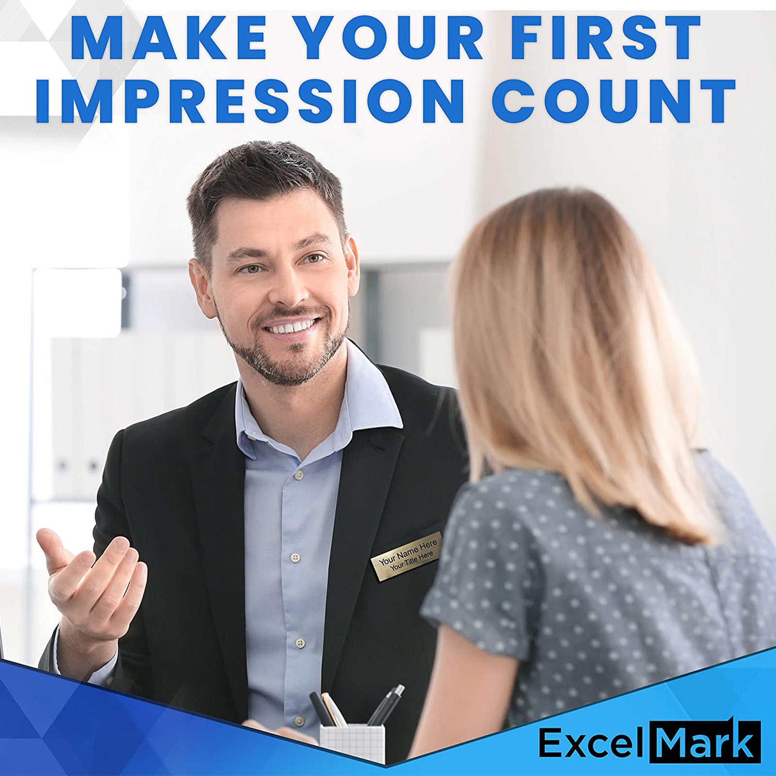 A man in a black suit with a name badge is smiling and talking to a woman with blonde hair and a blue polka dot shirt. The text on the image reads, "MAKE YOUR FIRST IMPRESSION COUNT," enhanced by CrealityFalcon's 20 Packs 4 Colors Stainless Steel Blank Name Tags Badges Nameplate for Laser Engraving logo at the bottom right.