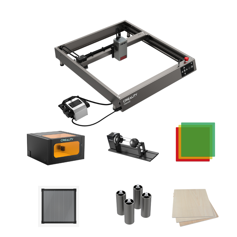 Photograph showcasing the Falcon2 40W Laser Engraver Bundle All-in-one Kit from CrealityFalcon, accompanied by its accessories. The kit includes a material storage box, rotary roller, color acrylic sheets, basswood plywood sheets, an aluminum honeycomb plate, metal cylinders, and wooden planks. Each accessory is displayed individually around the engraver.