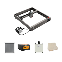 In the top part of the image, you can see the Falcon2 40W Laser Engraver from CrealityFalcon. Below it are four components: a black grill-like Honeycomb Workbench, the orange and black control unit of the machine, a dust collector, and several sheets of wood.