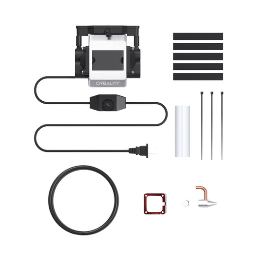 The Air Assist for the CR-Laser Falcon 7.5W and 10W Engraver by Creality Falcon is displayed against a white background. It features a power adapter, wiring, nozzle, two zip ties, tubing, a thin black ring, a square metal frame, multiple black strips, and a white cylindrical object. These items ensure low operating noise and help maintain clean material surfaces.