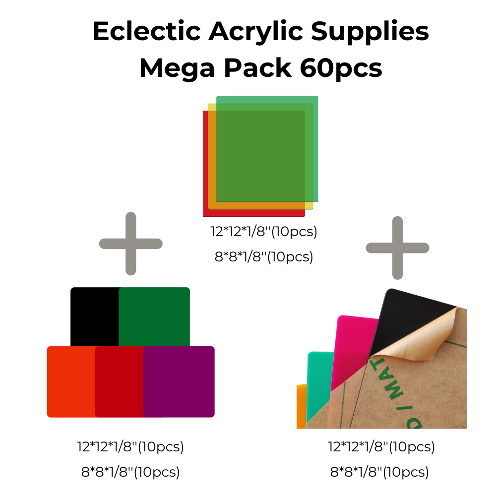 An image showing the "Eclectic Acrylic Supplies Mega Pack 60pcs for Creality Falcon Laser Engraving/Cutting Machine" from CrealityFalcon. It includes three sets of glossy, colorful acrylic sheets: twenty 12"x12"x1/8", twenty 8"x8"x1/8", and twenty color-printed ones in the same dimensions, each group featuring ten transparent sheets per size.