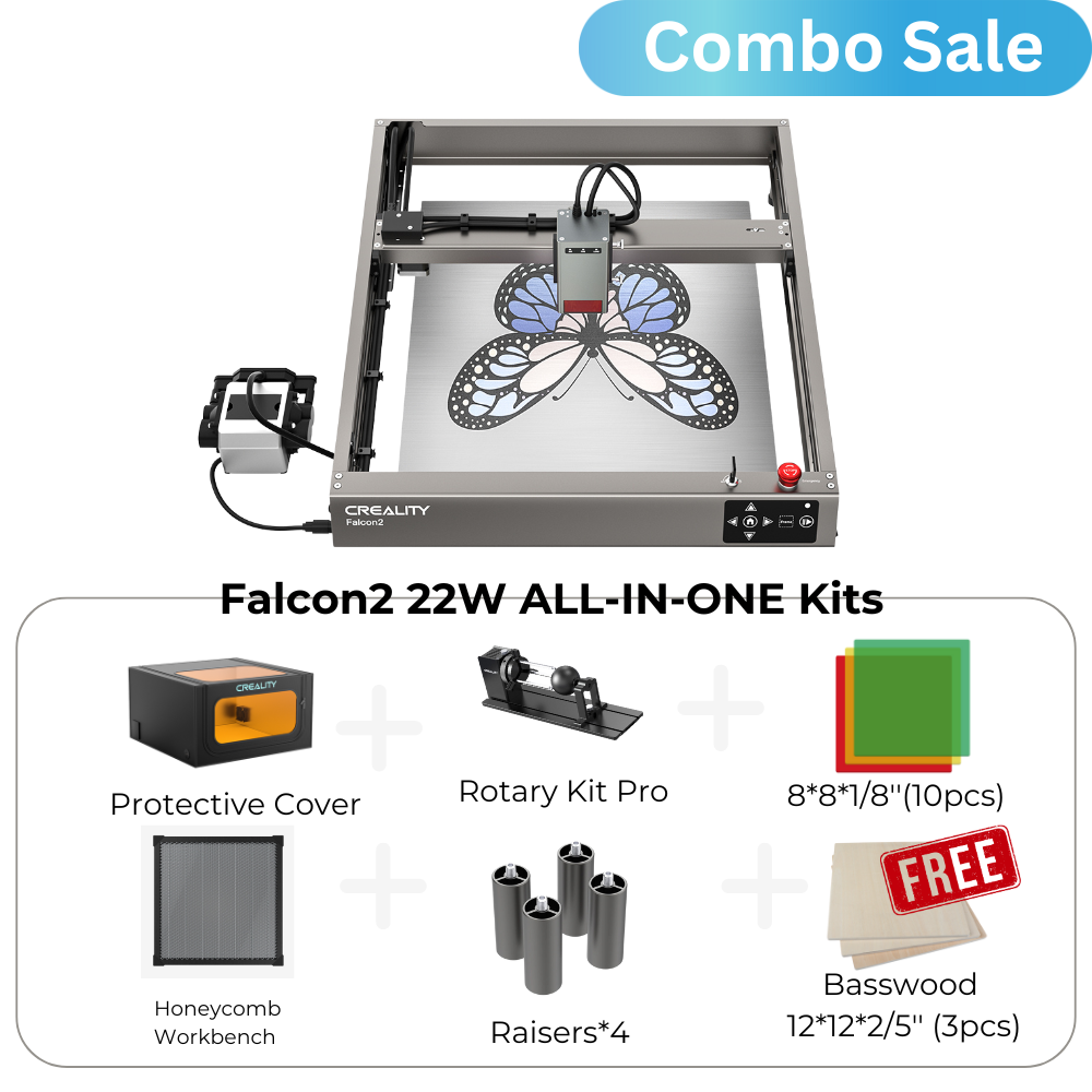 Image of a 22W COMBO SALE Falcon2 Laser Engraver all-in-one kits. The kit includes a CrealityFalcon laser engraver with a butterfly image on its platform, a protective cover, rotary kit pro, 10 8"x8"x1/8" wood pieces for crafts, a honeycomb workbench, four raisers, and three basswood pieces.