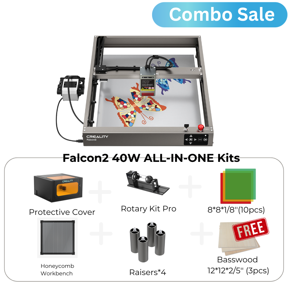 Image showcasing a "Combo Sale" for the 22W COMBO SALE Falcon2 Laser Engraver all-in-one kits. Featured are the CrealityFalcon laser engraver with a colorful butterfly engraving, protective cover, rotary kit, honeycomb workbench, 8 sheets of 8"x7/8" material, and 3pcs of 12"x12"x2/5" basswood—perfect for