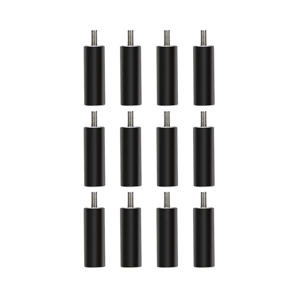 A grid of twelve black cylindrical standoff spacers with threaded screws at one end, arranged in three columns of four rows on a white background, perfect for securing components in your CrealityFalcon 10W Falcon Engraver Accessory Kit projects.