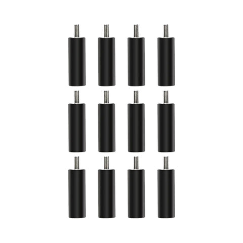 A grid of twelve black cylindrical standoff spacers with threaded screws at one end, arranged in three columns of four rows on a white background, perfect for securing components in your CrealityFalcon 10W Falcon Engraver Accessory Kit projects.