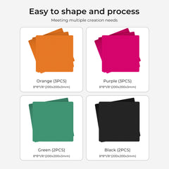 The Creality Falcon Frosted Colorful Acrylic Sheets for Laser Engraver and Cutter feature 10 sheets: orange (3), purple (3), green (2), and black (2). Each measures 200x200x3mm and is easy to shape and process.