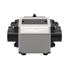 Front view of an Air Assist for the CR-Laser Falcon 10W and 7.5W Engraver. The metallic component features a central housing with the brand name "CrealityFalcon" displayed prominently. Several black connectors and screws are attached to the sides, ensuring low working noise. The background is white.