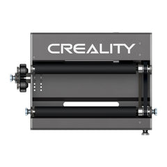 The black and gray Rotary Roller for Laser Engraving Machine by Creality Falcon is designed for engraving cylindrical objects. It features two rollers and adjustable width, with the Creality logo prominently displayed on the top section when viewed from the side.