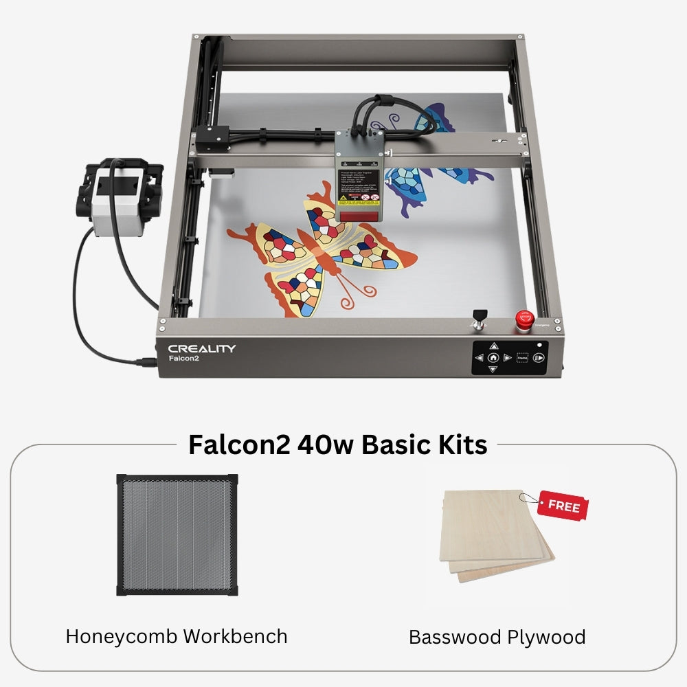 Image of the CrealityFalcon Falcon2 40W Laser Engraver and Cutter with a multicolored butterfly design in progress. Below the engraver, two included items are pictured: a Honeycomb Workbench and a stack of free Basswood Plywood. The device boasts a 25000mm/min cutting speed and features a durable anodized aluminum alloy structure.