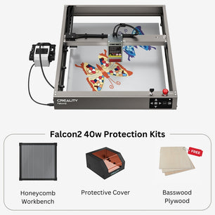 Here’s an image of the CrealityFalcon Falcon2 40W Laser Engraver and Cutter, featuring a durable anodized aluminum alloy structure. It is working on a colorful butterfly design. Labeled components below include a Honeycomb Workbench, a Protective Cover, and Basswood Plywood sheets marked 