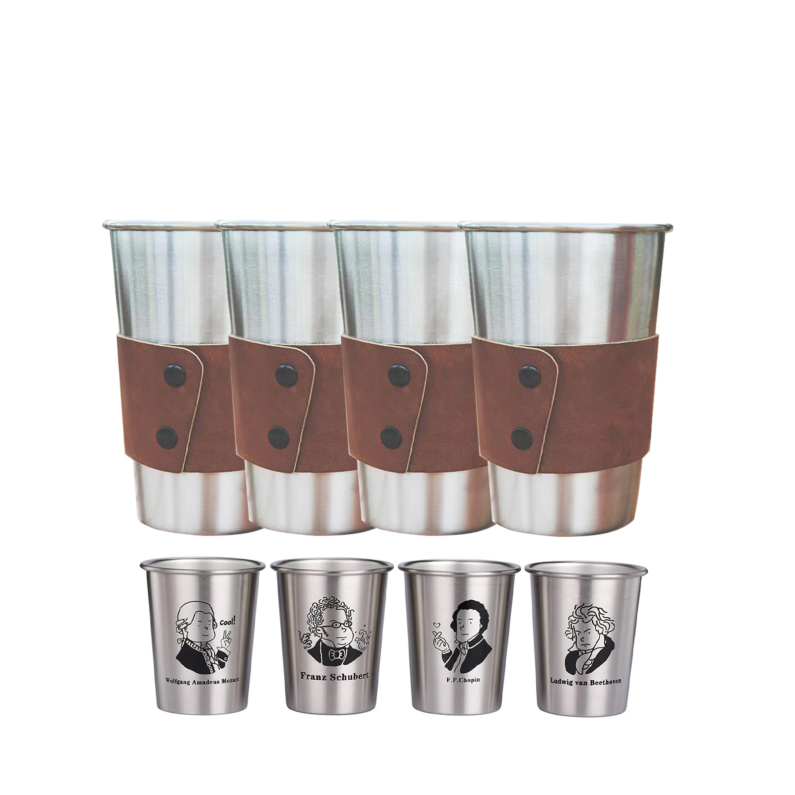 This set of four silver stainless steel cups, crafted by Creality Falcon from food-grade steel, includes elegant brown leather covers and showcases laser-engraved portraits of classical composers. The cups proudly feature names like Franz Schubert among others, effortlessly combining style with practicality.