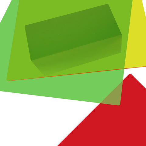 The image portrays three overlapping rectangles in green, yellow, and red hues, made from CrealityFalcon's Three Colors Transparent Acrylic Sheets for Laser Engraver and Cutter (10Pcs). Additionally, a translucent green rectangular prism sits atop the green rectangle. Ideal for DIY projects or lighting products, the background is a pristine white.