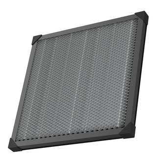 A Falcon Honeycomb Workbench for Laser Engraver, measuring 500mm by 500mm, from CrealityFalcon is shown against a white background. Featuring a grid pattern with a metal mesh screen and a sturdy black frame with reinforced corners, the workbench is slightly angled to offer a clear view of its textured surface designed for optimal heat dissipation.