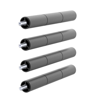 Four cylindrical metal connectors with threaded ends and a gray finish, arranged in a vertical line against a white background. These finely crafted 10W & 5W CR-Laser Falcon Engraver Riser connectors from CrealityFalcon each consist of three segments with a threaded bolt on one end, perfect for precision assembly projects.