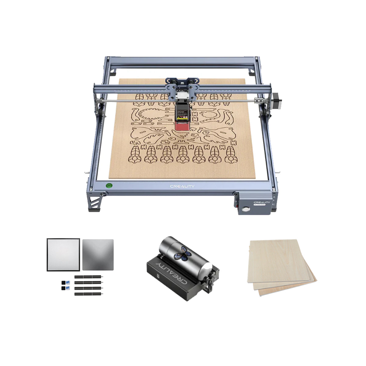 The 5W CR-Laser Falcon Engraver and Cutter by Creality Falcon showcases ultra-fine precision, etching detailed designs onto wood. Accessories include laser lenses, an air assist system, and versatile wooden sheets, highlighting its capability with over 200 materials.