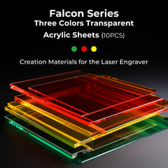 A stack of transparent acrylic sheets in red, yellow, and green is displayed against a black background. Text at the top reads: "CrealityFalcon Basswood and Colorful Acrylic Sheets 12x12'' for Laser Engraving and Cutting Mega Pack (39 PCS)." Below, it says: "Creation Materials for the Laser Engraver." These colorful transparent acrylic sheets are perfect.