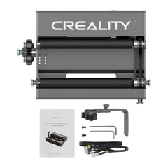 Image of the CrealityFalcon Falcon Rotary Roller with Adjustable Risers Bundle for Laser Engraving Machines. The package includes the rotary roller kit, an instruction manual, a metal bracket, screws, an Allen key, and a connecting cable. Designed for use with 3D printers and perfect for engraving cylindrical objects.