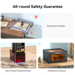 An infographic titled "All-round Safety Guarantee" showcases three images: an active stop function on the CR-Laser Falcon 5W Laser Engraver, an eye-friendly protective cover shielding blue laser light, and a protective enclosure labeled "CrealityFalcon" featuring ultra-fine engraving precision.