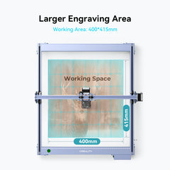 A CrealityFalcon CR-Laser Falcon 5W Laser Engraver showcasing ultra-fine engraving precision within its larger 400mm x 415mm workspace. Labels and measurements highlight the flexibility for large-scale engraving, with a partially visible image of a deer. The machine is silver and blue.