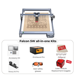 Image of a CrealityFalcon CR-Laser Falcon 5W all-in-one laser engraving machine showcasing ultra-fine engraving precision. The image includes the laser engraver, an accessory kit, the rotary kit pro, the enclosure pro, laser safety glasses, replacement goggles, and a set of 10 pieces of 12"x12"x1/8" material.