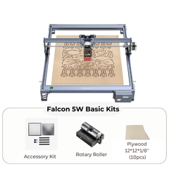 Image of the CrealityFalcon CR-Laser Falcon 5W Laser Engraver with ultra-fine engraving precision, burning a detailed dragon design onto wood. Below the machine, text and images display included accessories: an accessory kit, a rotary roller, and ten 12"x12"x1/8” plywood sheets.