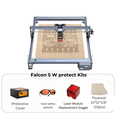 Image of the CrealityFalcon CR-Laser Falcon 5W Laser Engraver working on a large wooden board, showcasing its ultra-fine engraving precision with the Falcon 5W Protect Kits. Below are images of the included protective cover, laser safety glasses, laser module replacement goggle, and plywood (10 pieces of 12"x12"x1/8").