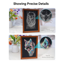 Against a backdrop of colorful flowers, two framed artworks are displayed. The top frame presents a detailed owl on luminous scratch paper, crafted with ultra-fine precision using the CR-Laser Falcon 5W Laser Engraver by CrealityFalcon. The bottom frame features a vibrant wolf on rainbow scratch paper, also engraved to showcase intricate textures visible in close-up views.