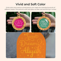 Two hands hold round ornaments with "We Wish You a Merry Christmas" in pink and "Santa Claus is Coming to Town" in green. An orange plaque below says "Sweet Dreams Aliyah" in yellow script. Made from Creality Falcon's premium Frosted Colorful Acrylic Sheets, they shine against a neutral background.