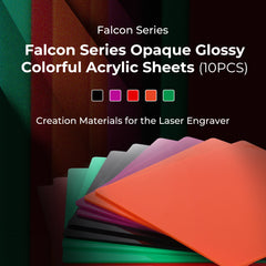 A set of colored acrylic sheets fanned out against a dark background, showcasing vibrant colors including red, pink, purple, orange, black, and green. The text reads: "CrealityFalcon Basswood and Colorful Acrylic Sheets 12x12'' for Laser Engraving and Cutting Mega Pack 39pcs.