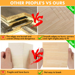 A comparison image shows two wood types: on the left, rough-edged wood labeled "Other People's," and on the right, smooth Creality Falcon's Rubberwood Spliced Plywood with no burrs. The highlighted differences demonstrate eco-friendly material and precision suitable for laser engraving.