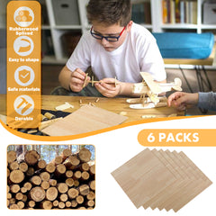 A child constructs a model airplane with Creality Falcon Rubberwood Spliced Plywood (1/8" x 11.8" x 11.8"), made from eco-friendly, easy-to-shape, and durable materials. Image features logs and six sheets labeled "6 PACKS," emphasizing sustainable management commitment.